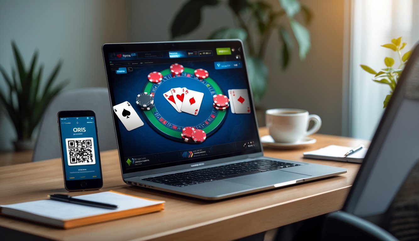 Sebuah ruang kerja modern dengan laptop menampilkan permainan poker online dan ponsel yang menunjukkan kode QR untuk pembayaran digital.