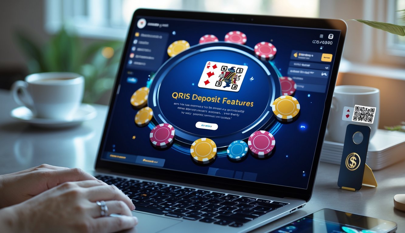 Seseorang menggunakan smartphone dan laptop di meja kerja dengan tampilan permainan poker online dan kode QR untuk pembayaran.