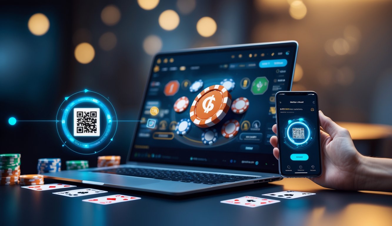 Seorang pemain menggunakan laptop dan smartphone untuk bermain poker online dengan fitur pembayaran QRIS, menampilkan chip poker dan kartu di layar.