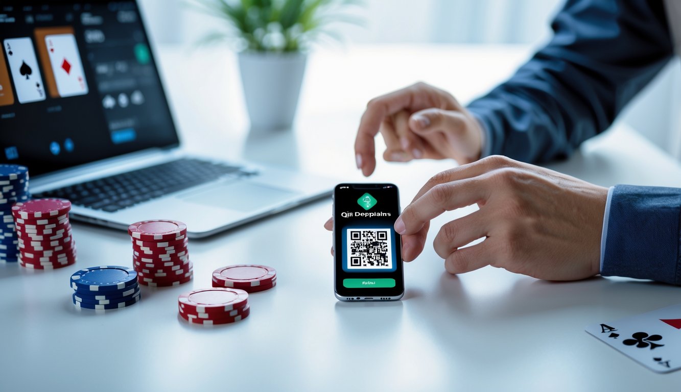 Seseorang menggunakan ponsel dengan kode QR di layar di meja dengan chip poker dan kartu bermain.