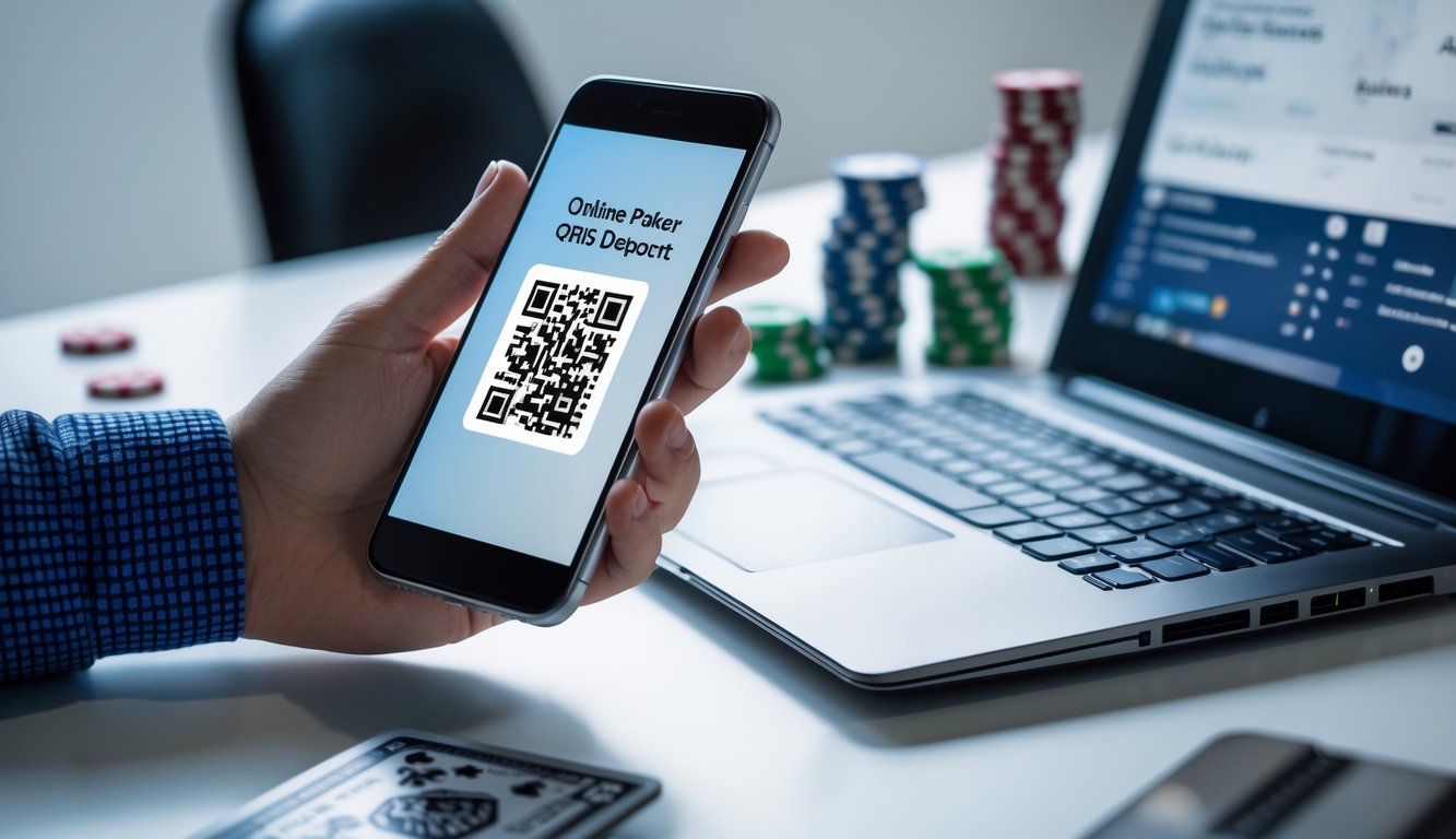 Tangan memegang ponsel dengan kode QR di layar, di latar belakang terdapat laptop dan chip poker yang samar.