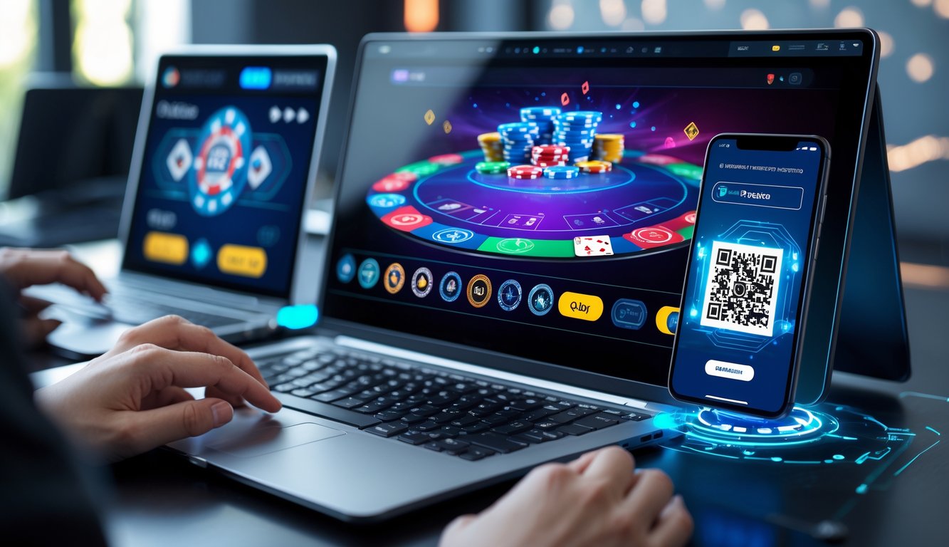 Seseorang bermain poker online di depan komputer dengan ponsel yang menampilkan kode QR untuk pembayaran instan.