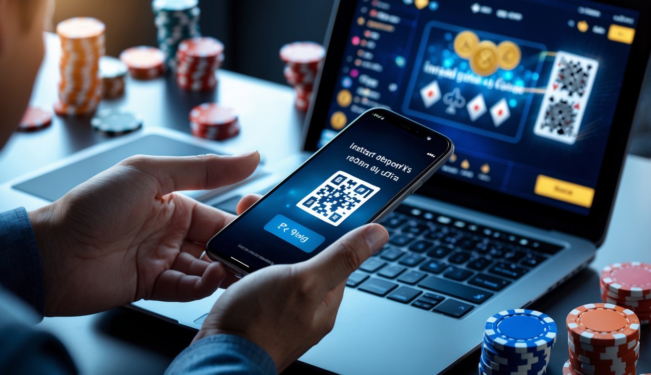 Seseorang memegang ponsel dengan kode QR di layar di dekat tumpukan chip poker dan kartu bermain, menunjukkan transaksi cepat untuk permainan poker online.