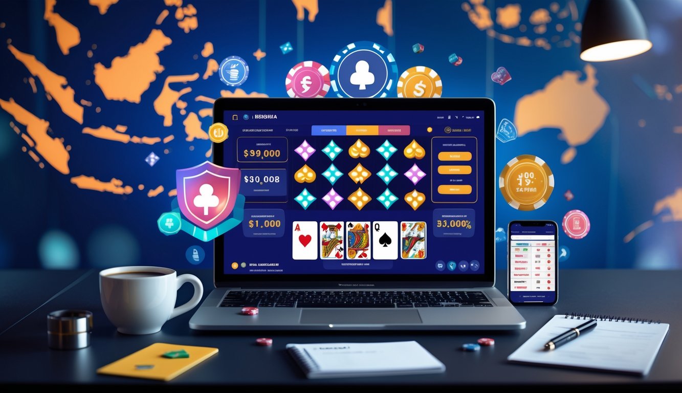 Meja kerja modern dengan laptop yang menampilkan antarmuka kasino online, dilengkapi simbol keamanan dan latar belakang peta Indonesia.