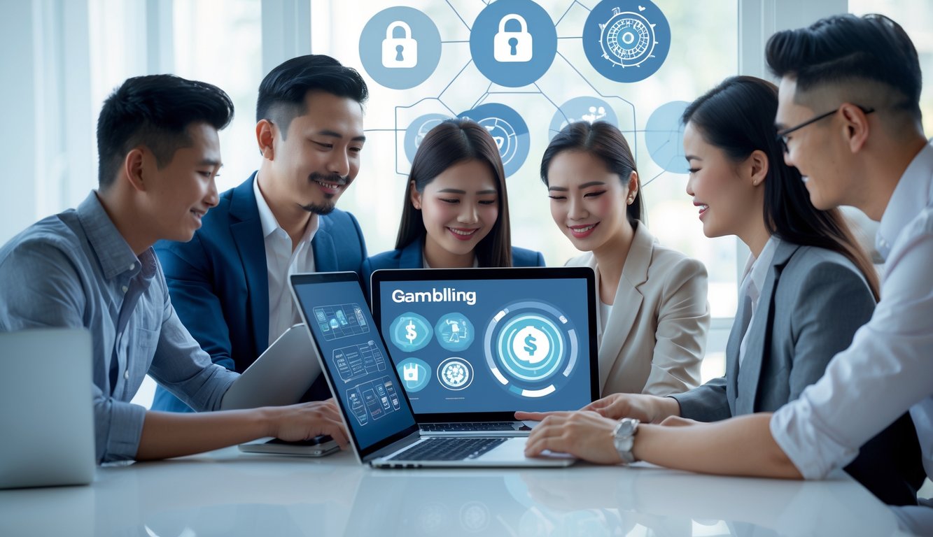 Orang-orang menggunakan perangkat digital di ruang kerja yang terang, dengan simbol keamanan dan grafik digital di latar belakang.