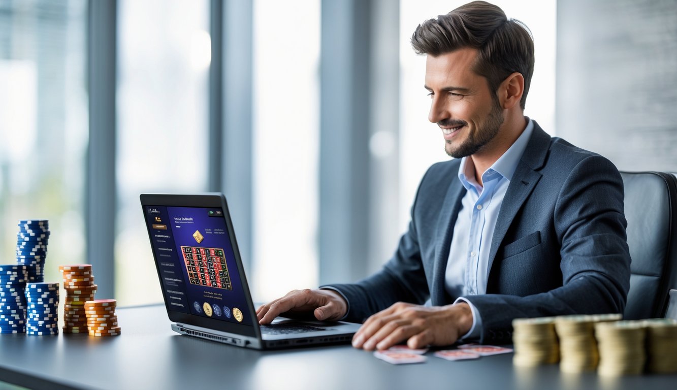 Seorang pria duduk di depan laptop dengan tumpukan chip poker dan kartu remi di meja, terlihat fokus dan percaya diri dalam suasana kantor modern.