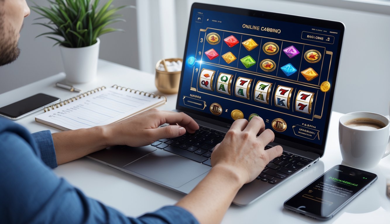 Seseorang menggunakan laptop di meja kerja dengan tampilan permainan judi online dan suasana yang profesional.