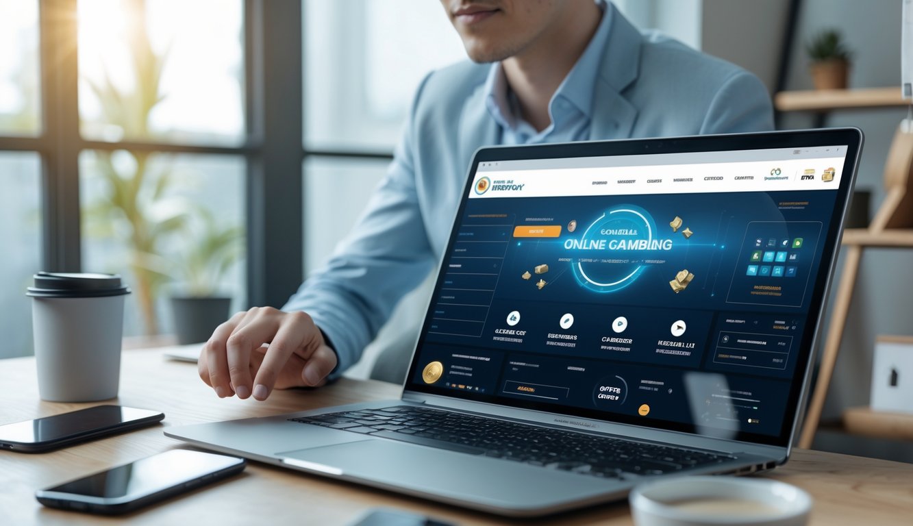 Seseorang sedang menggunakan laptop di meja kerja dengan tampilan situs judi online resmi di layar.