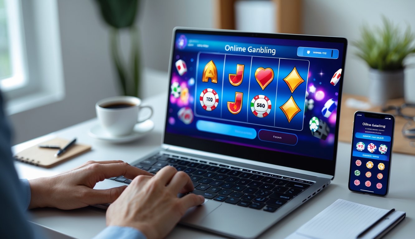 Seseorang sedang menggunakan laptop dan ponsel di meja kerja untuk bermain judi online dengan suasana ruangan yang terang dan rapi.