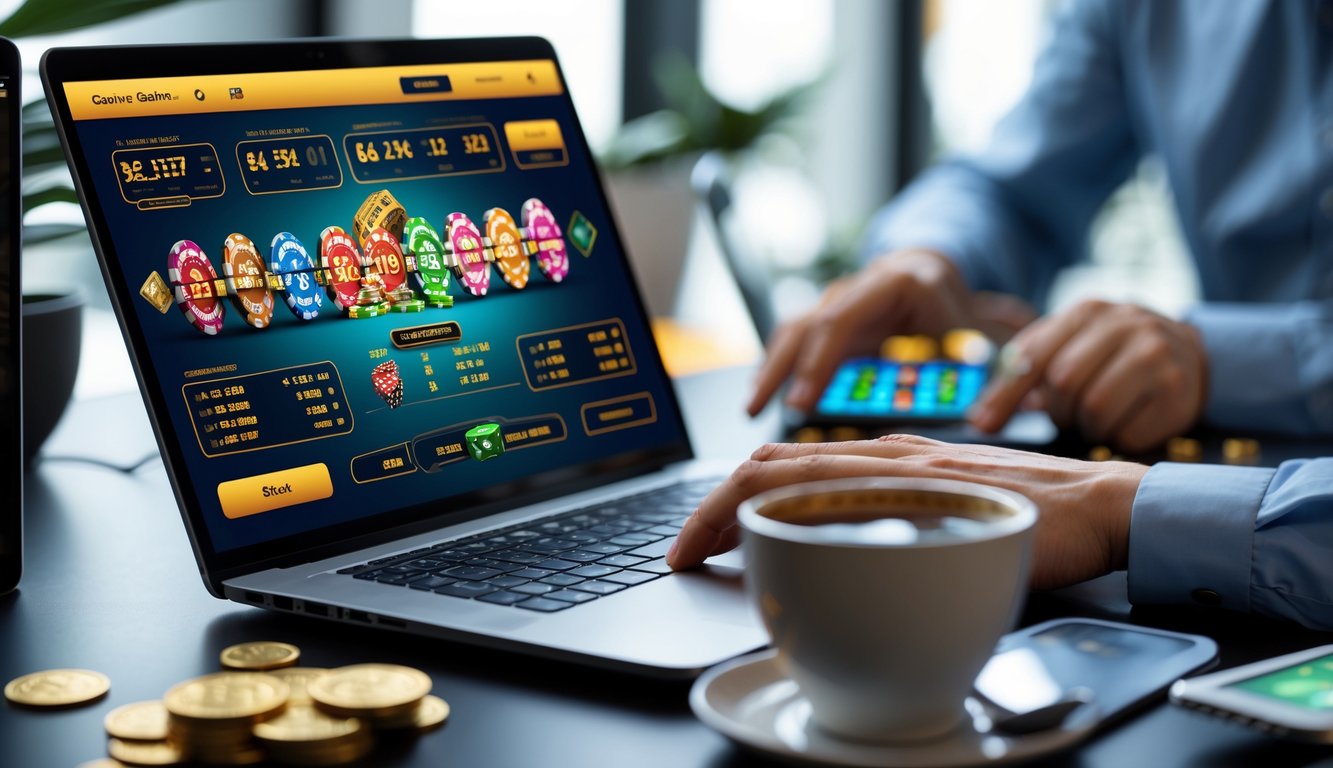 Seorang pria menggunakan laptop dengan tampilan antarmuka kasino digital di meja kerja yang rapi dan terang.