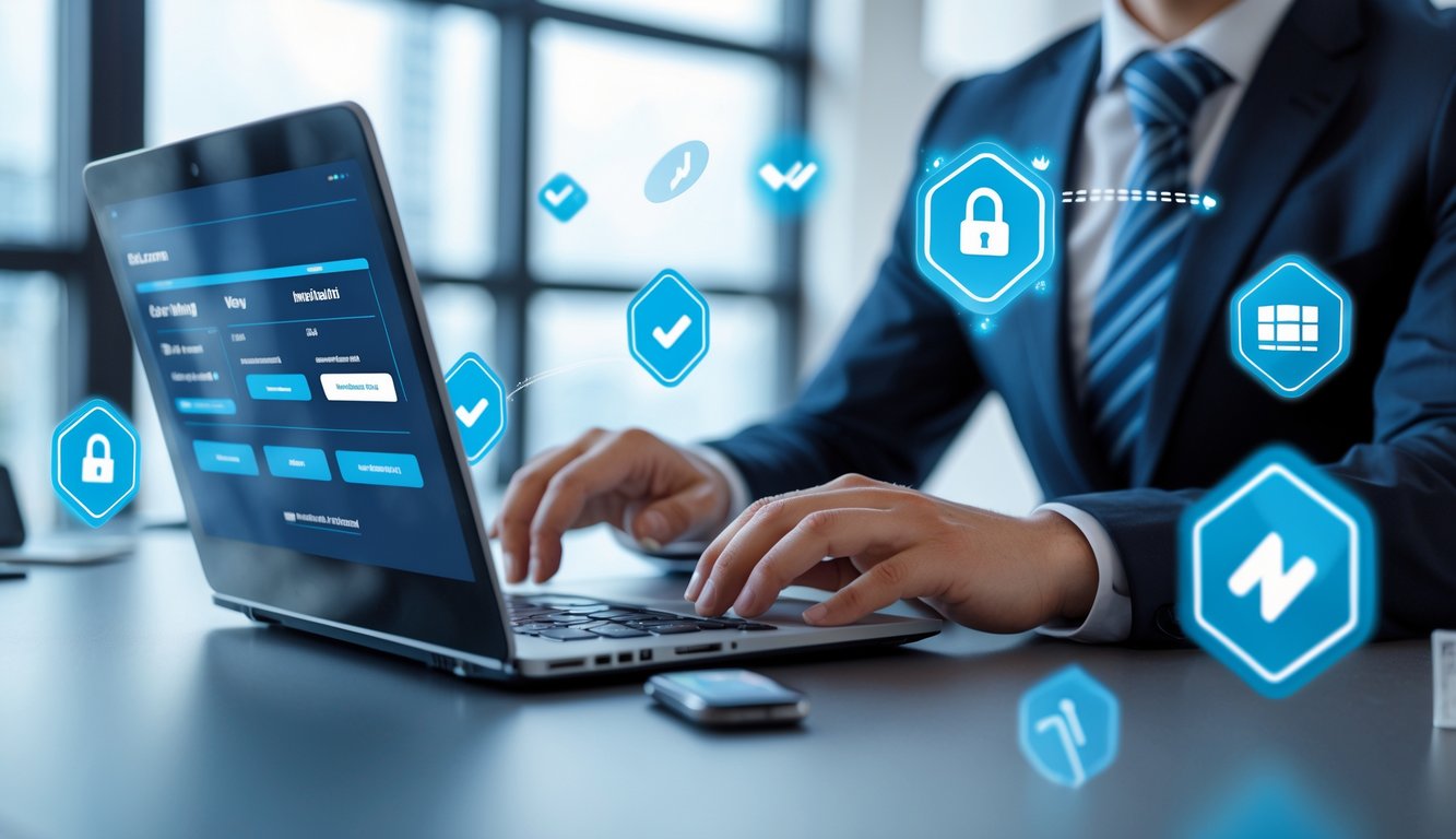 Seorang profesional menggunakan laptop di ruang kantor modern dengan ikon keamanan dan transaksi cepat di latar belakang.