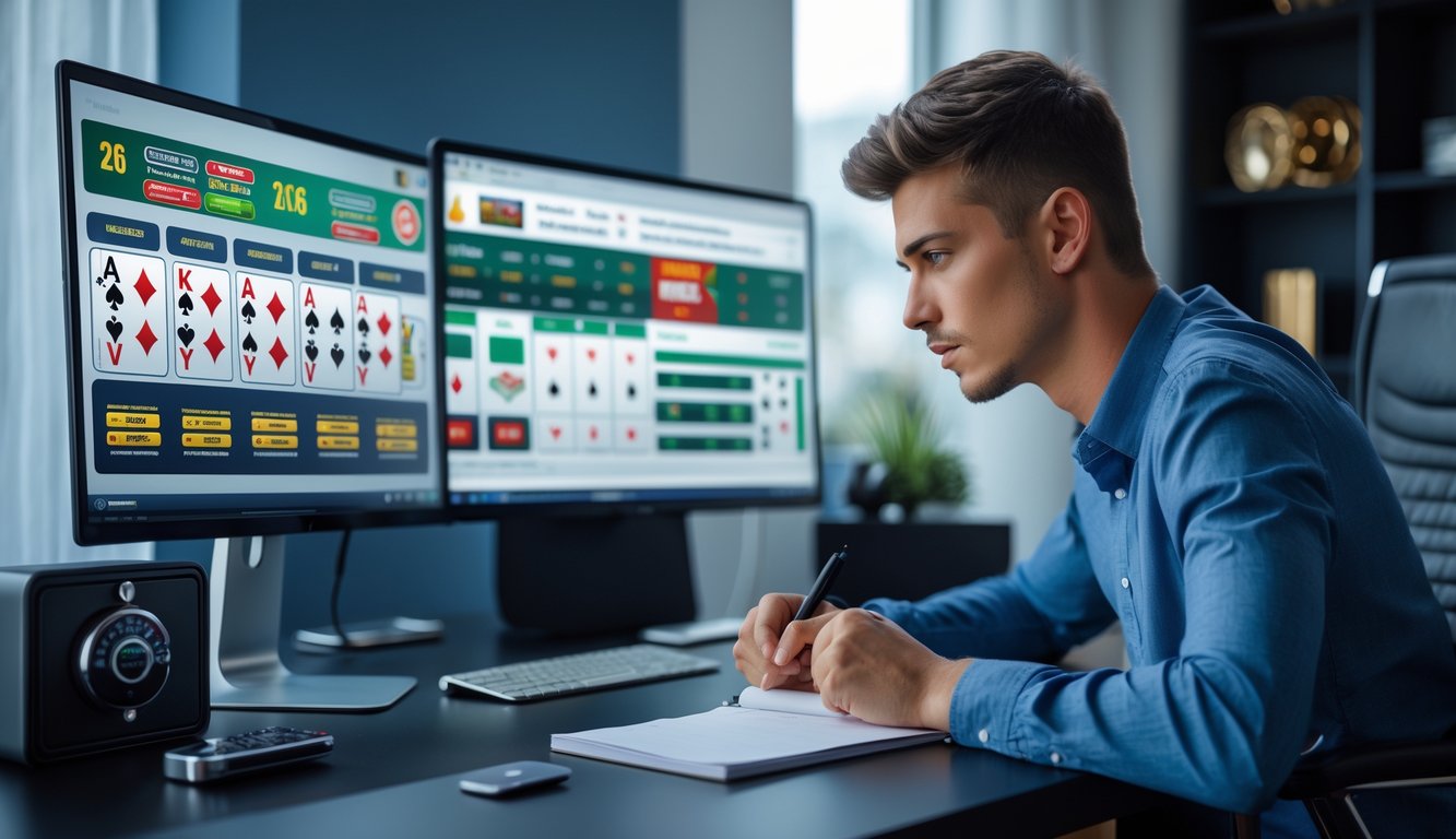 Seorang pria muda duduk di meja kerja modern dengan beberapa perangkat digital menampilkan permainan judi online, sedang menganalisis strategi dengan serius.