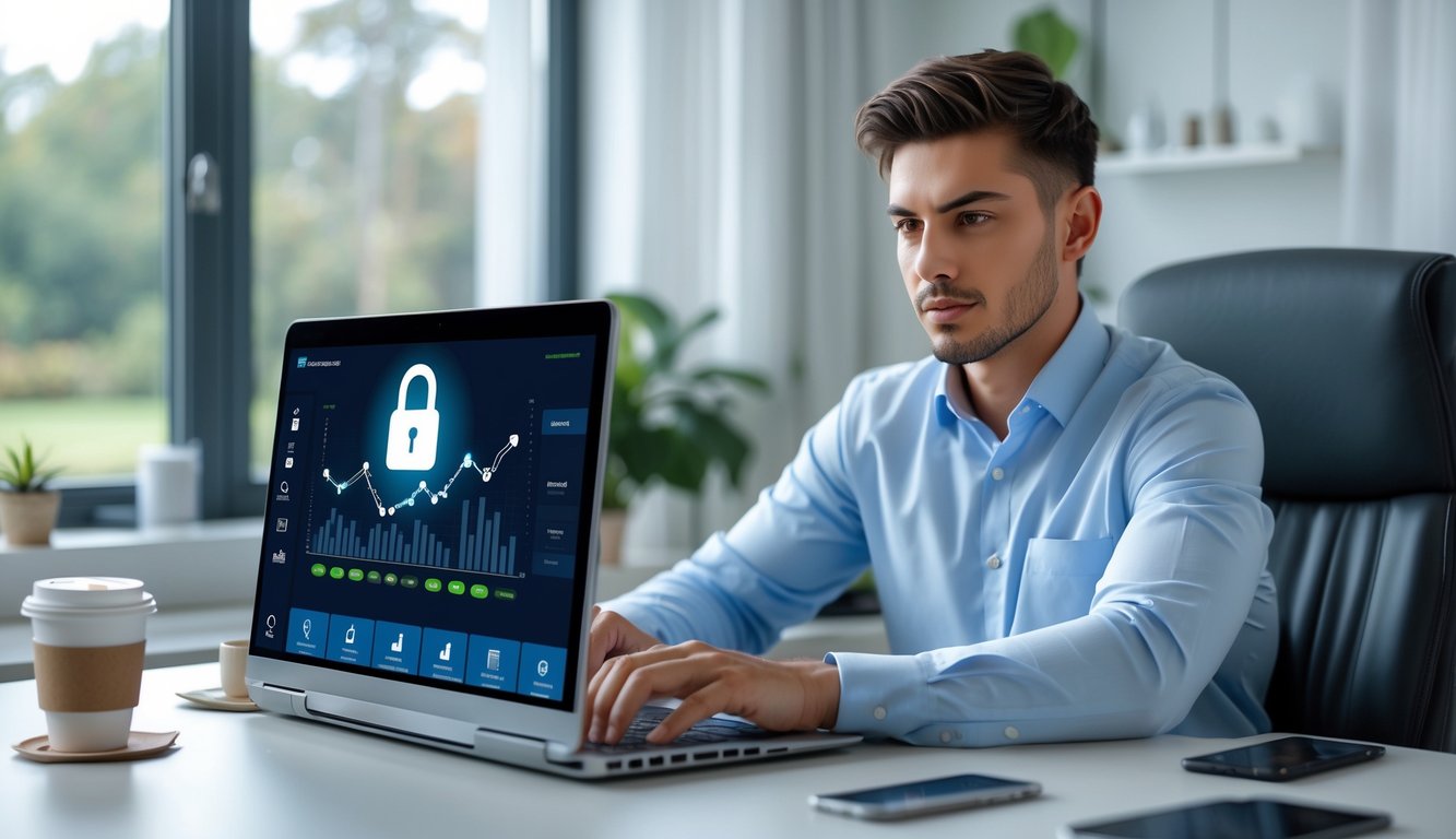 Seorang pria muda duduk di meja kerja dengan laptop, fokus pada layar yang menampilkan situs judi online yang aman dan terpercaya.