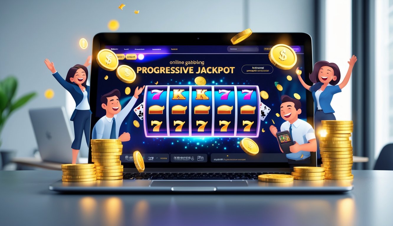 Seorang pemain menggunakan komputer dengan tampilan kasino online yang menampilkan jackpot progresif, dikelilingi oleh simbol kemenangan dan peringatan.