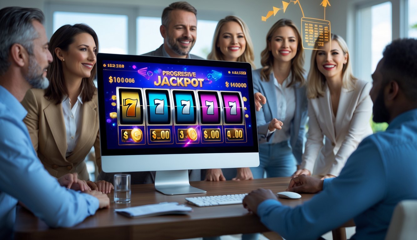 Orang-orang sedang menggunakan komputer dengan tampilan permainan judi online dan jackpot progresif yang meningkat.