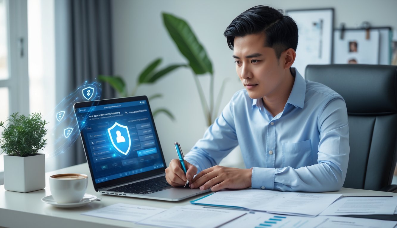 Seorang pria muda Indonesia duduk di meja dengan laptop dan dokumen, fokus memeriksa data untuk menghindari penipuan di judi online.