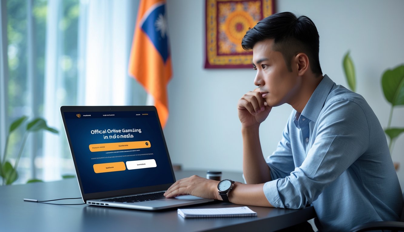 Seorang pria muda duduk di depan laptop di meja kerja modern, fokus memeriksa situs judi online dengan suasana yang aman dan profesional.