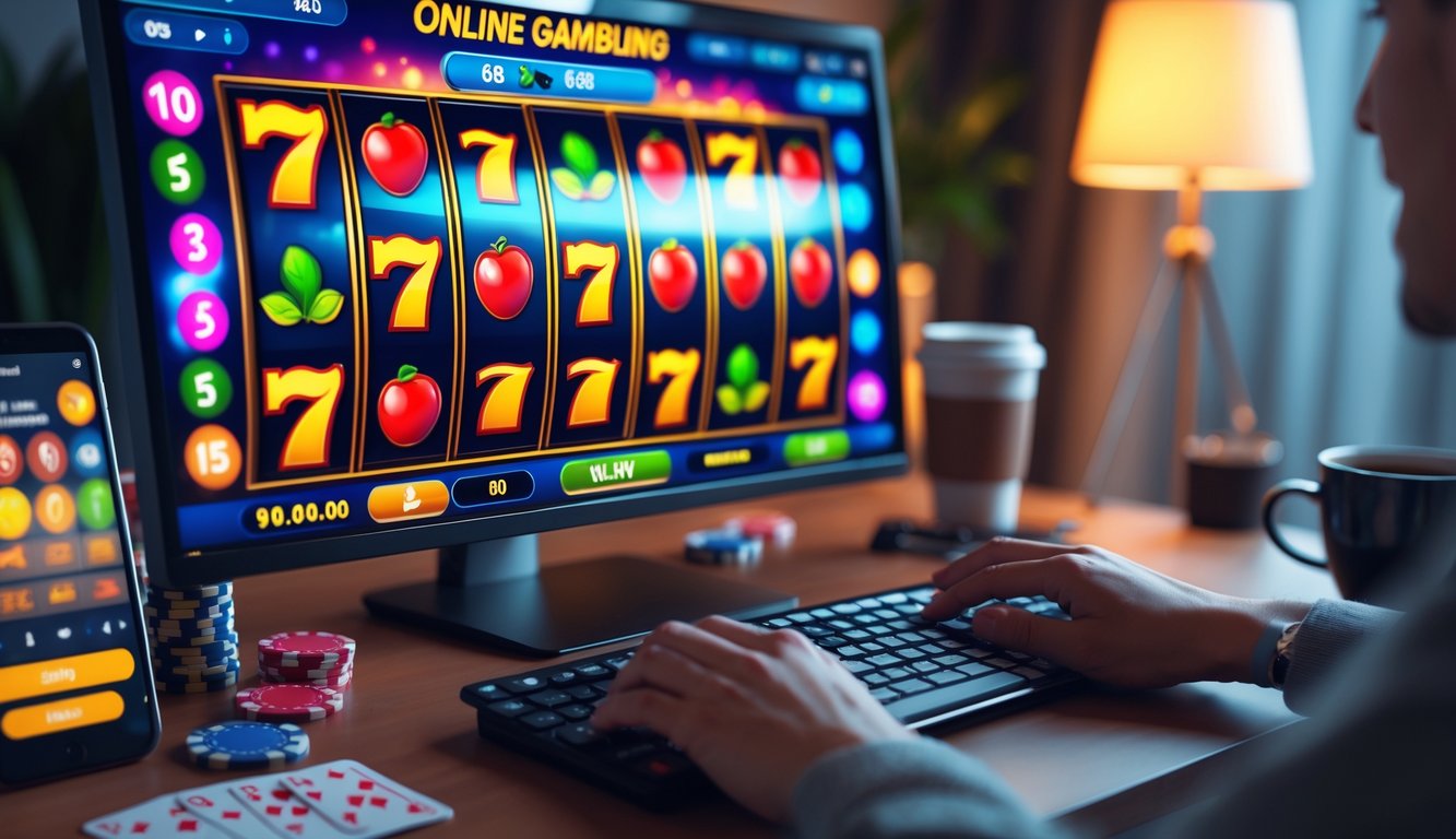 Seseorang bermain permainan slot online di depan komputer dengan tampilan layar penuh simbol mesin slot berwarna-warni, di meja terdapat ponsel, cangkir kopi, dan beberapa chip kasino.