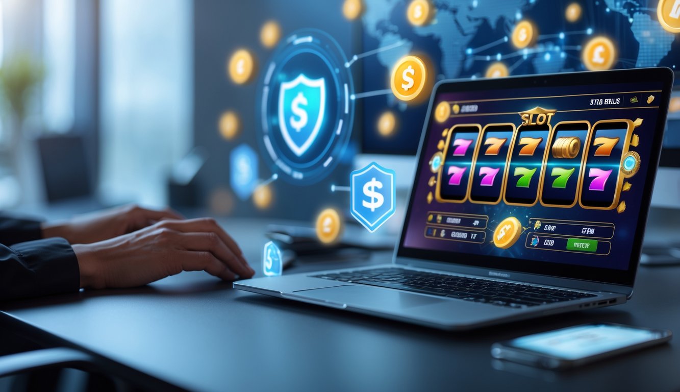 Seorang pria menggunakan laptop dengan tampilan permainan slot online di layar, di meja kerja yang rapi dengan simbol keamanan dan suasana teknologi modern.