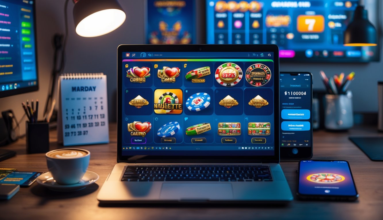 Seorang pria menggunakan laptop di meja kerja dengan layar menampilkan permainan judi online dan elemen promosi harian di sekitarnya.