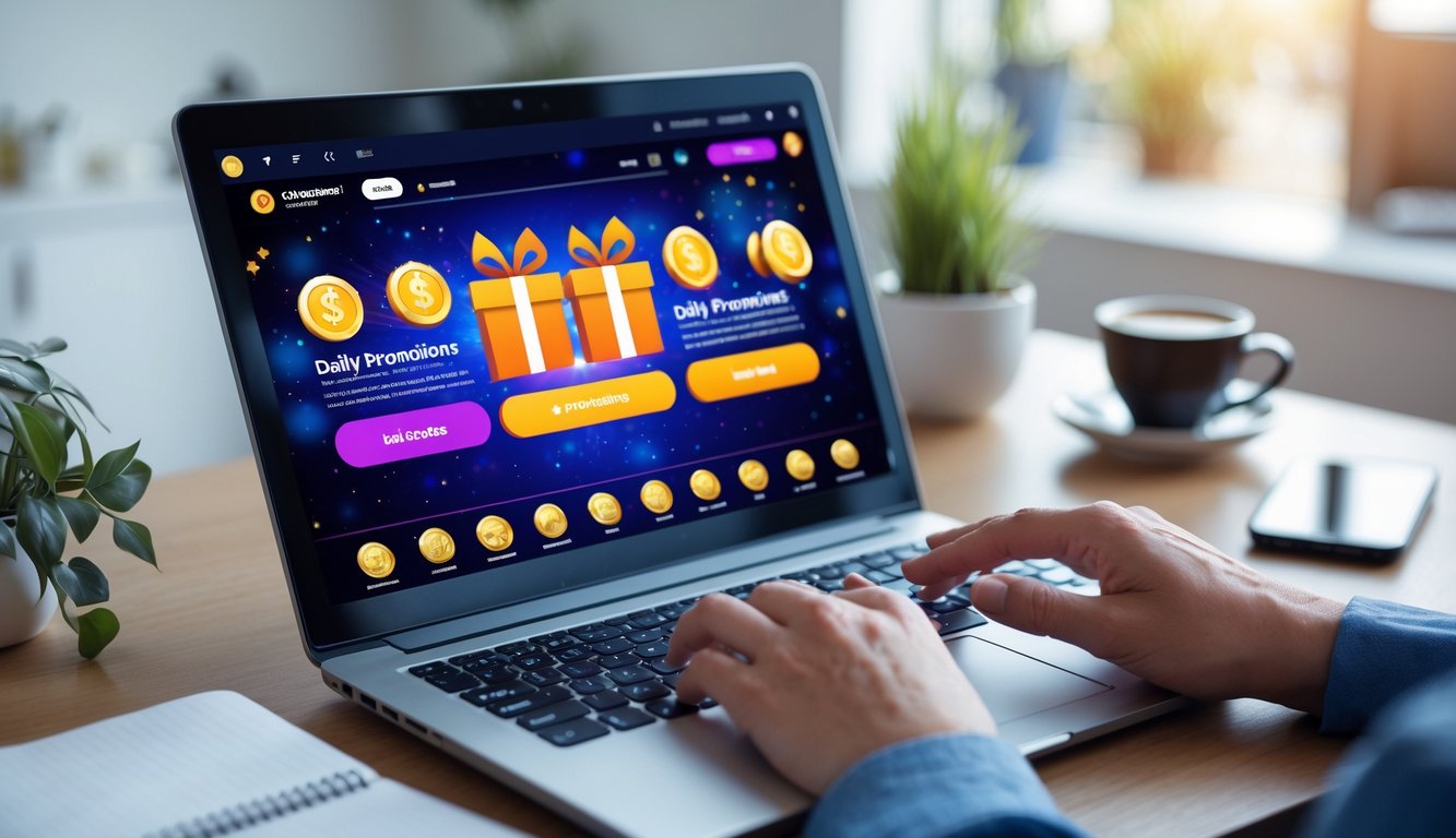 Seseorang menggunakan komputer dengan tampilan situs judi online yang menampilkan ikon promo harian dan bonus, di meja kerja dengan kopi dan ponsel.