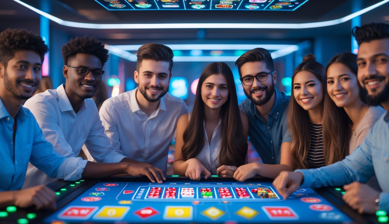Sekelompok orang muda berkumpul di sekitar meja digital dengan permainan kasino online di layar, di ruangan futuristik dengan pencahayaan cerah dan aksen neon.