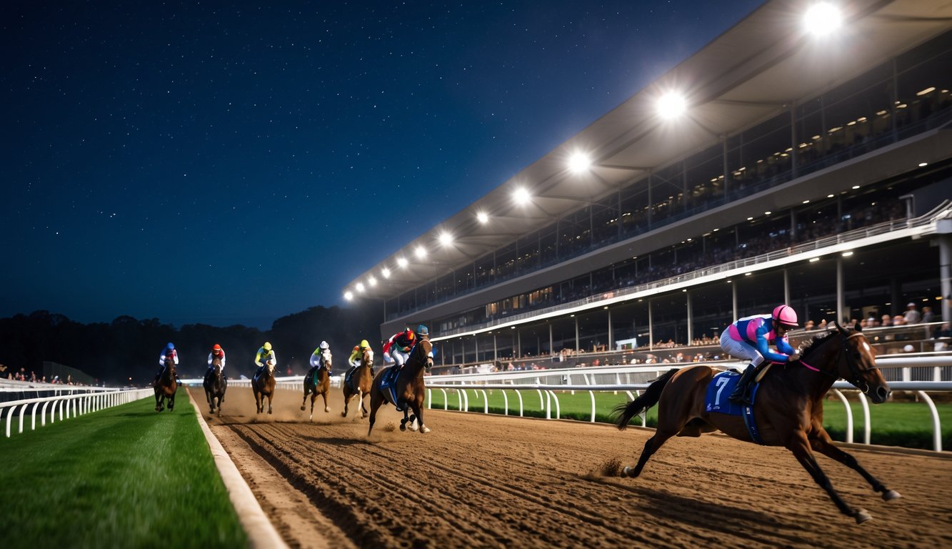 Balap kuda malam hari dengan joki sedang mengendarai kuda di lintasan yang terang benderang dan penonton di tribun.