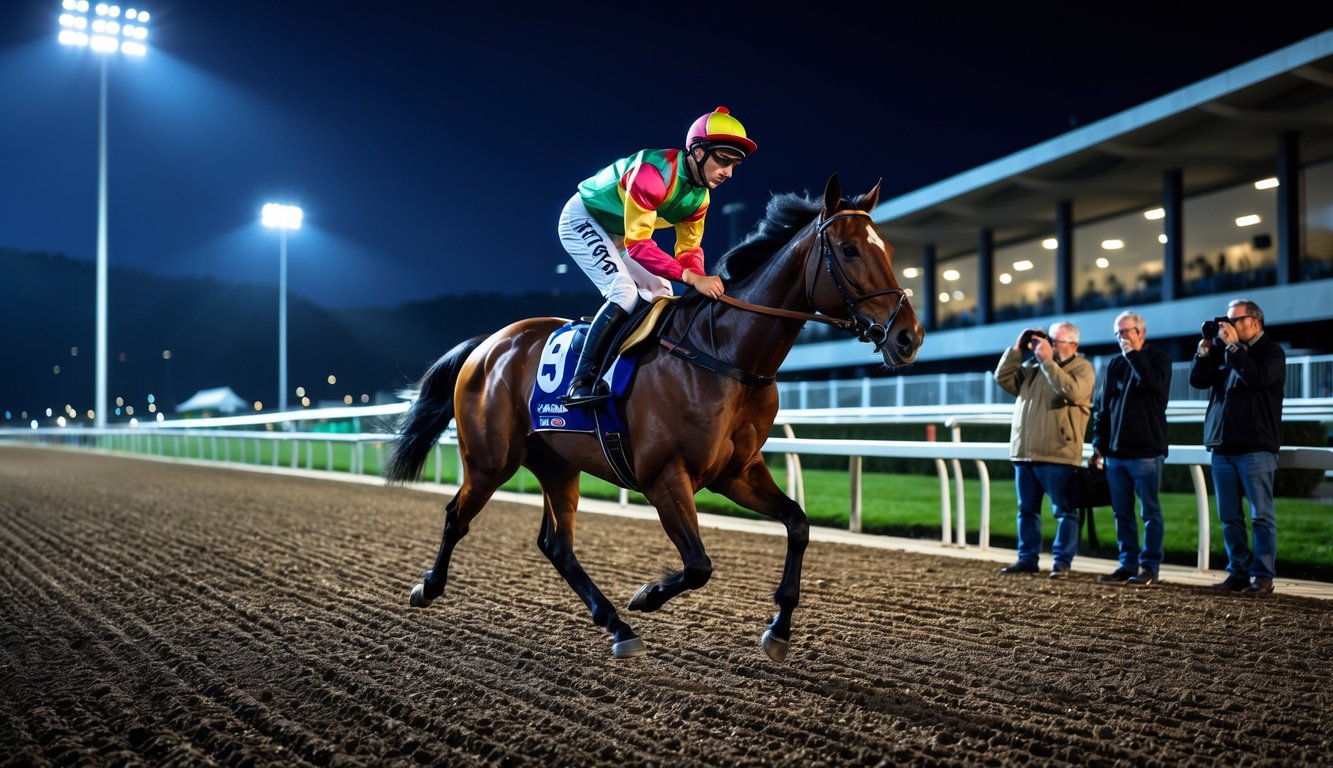 Seorang joki menunggang kuda balap di lintasan yang diterangi lampu sorot pada malam hari dengan beberapa penonton di latar belakang.
