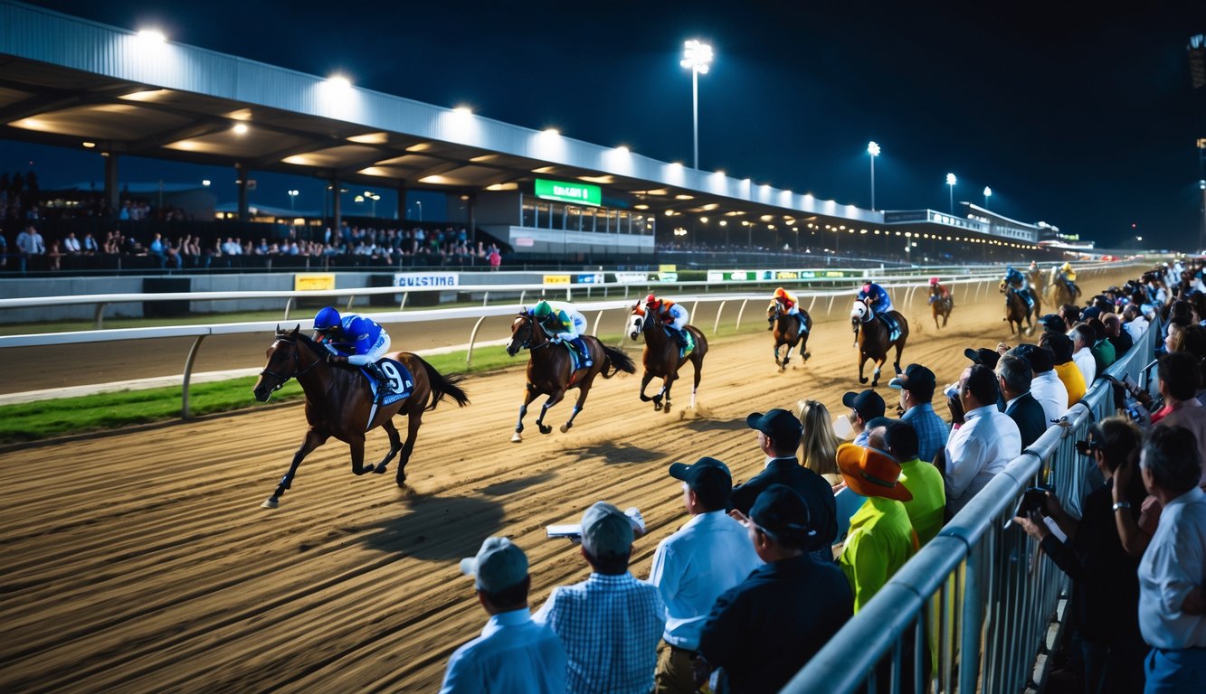 Balapan kuda malam hari di arena lokal dengan kuda dan joki berlari cepat serta penonton yang antusias menyaksikan dari tribun.