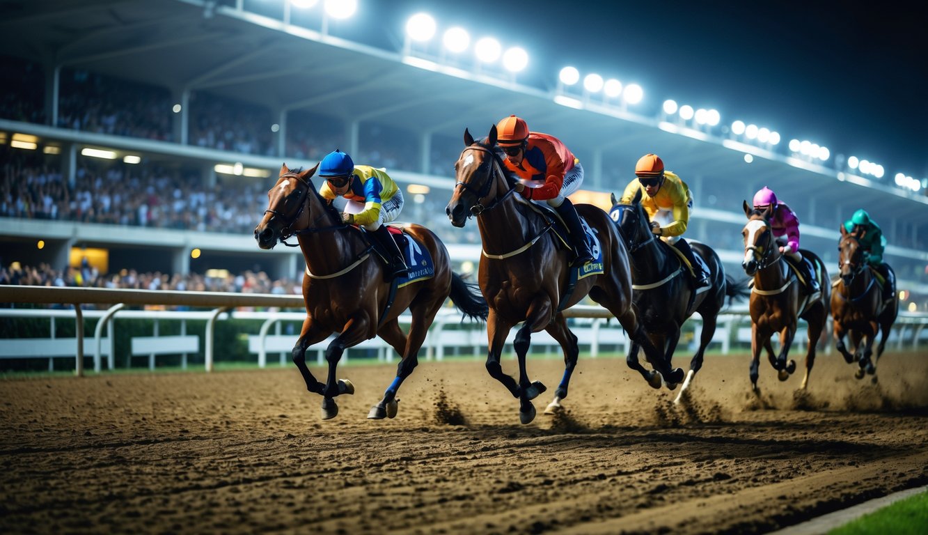 Balap kuda malam hari di arena lokal dengan kuda dan joki yang sedang berlari cepat di lintasan, dikelilingi oleh penonton dan lampu stadion.