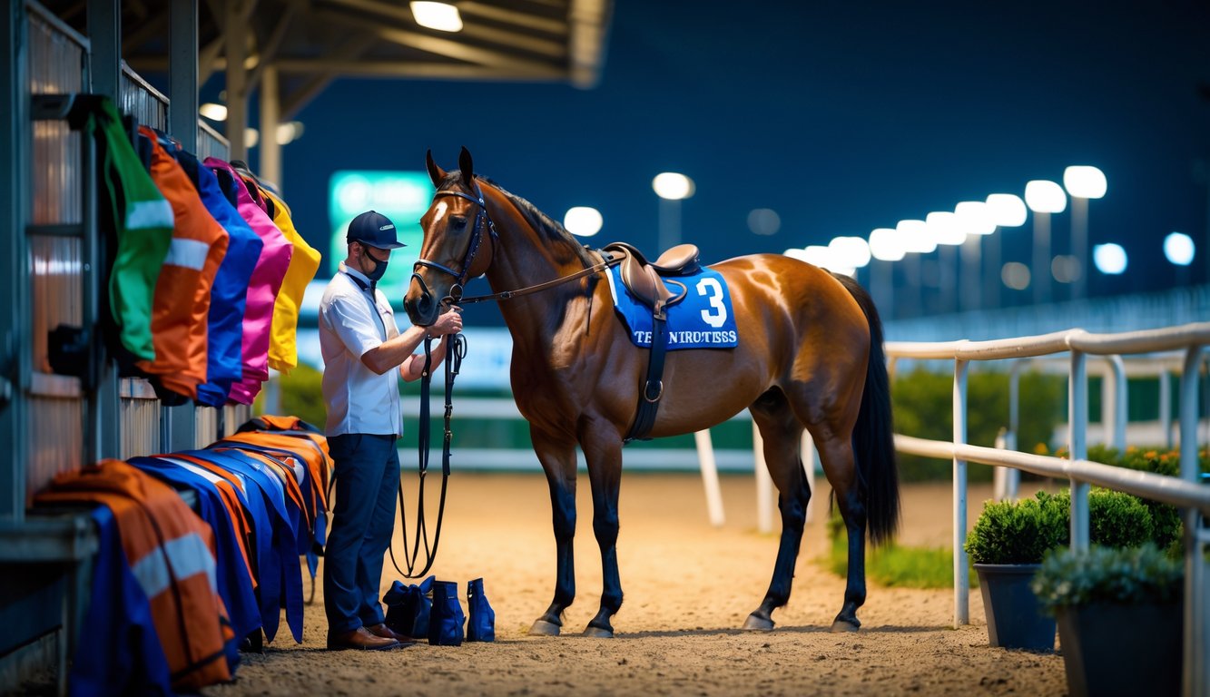 Seorang perawat kuda sedang menyiapkan peralatan balap malam hari di dekat seekor kuda pacu yang berdiri tenang di area kandang dengan pencahayaan lembut.