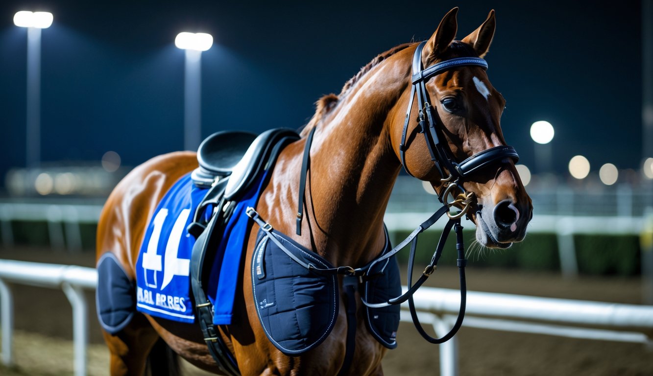Seekor kuda balap yang siap dengan perlengkapan lengkap berdiri di area gelap dengan pencahayaan malam hari.