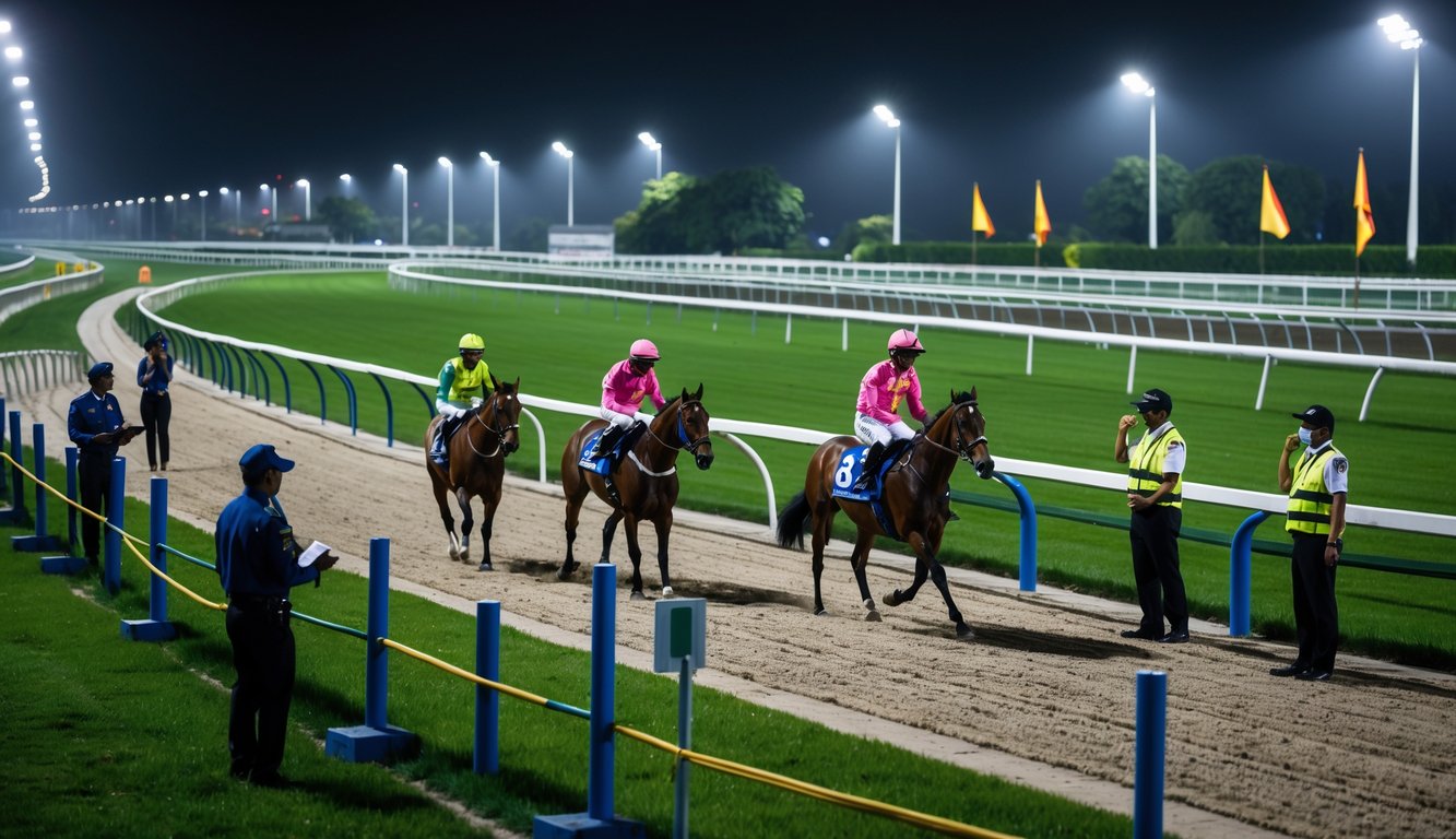 Lomba balap kuda malam hari di Indonesia dengan joki mengendarai kuda di lintasan yang terang, petugas keamanan dan pengawas berjaga di sekitar lintasan.