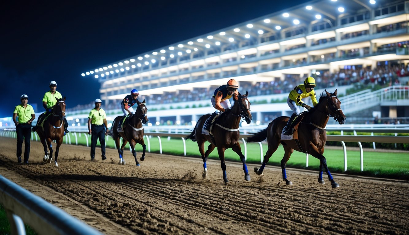 Balap kuda malam hari di lintasan yang terang dengan joki memakai helm dan petugas keamanan di sekitar lintasan.
