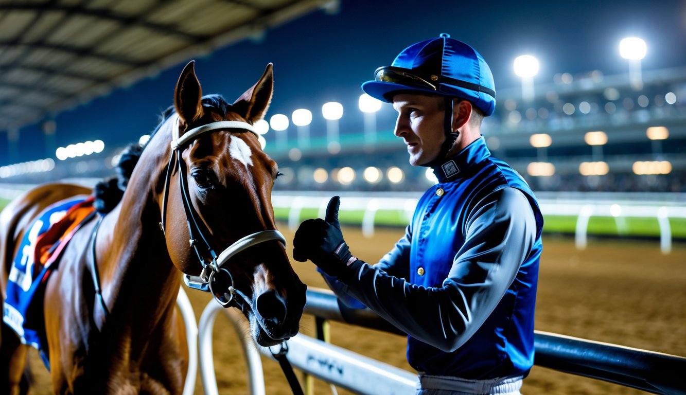 Seorang joki profesional dengan kuda balap di lintasan malam hari yang terang benderang, dengan latar belakang tribun penonton dan lampu sorot stadion.