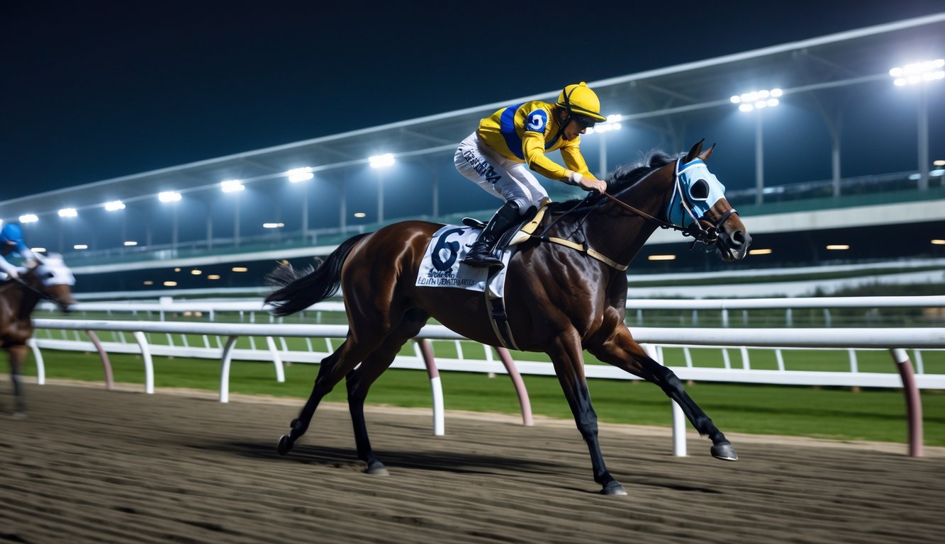 Seorang joki profesional menunggang kuda balap di lintasan yang terang pada malam hari.