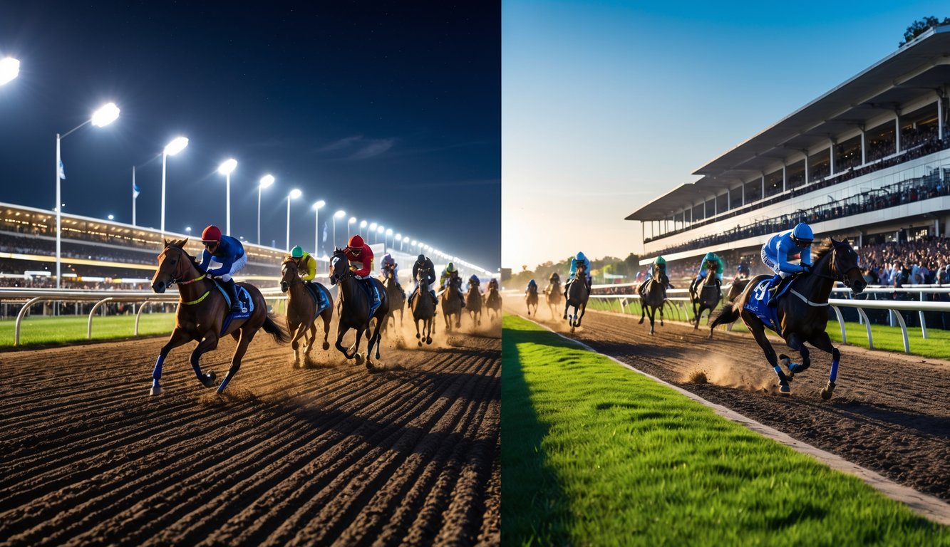 Dua adegan balap kuda, satu di malam hari dengan lampu sorot dan satu di siang hari dengan sinar matahari terang, masing-masing menampilkan kuda dan joki yang sedang berlomba di lintasan dengan penonton di latar belakang.