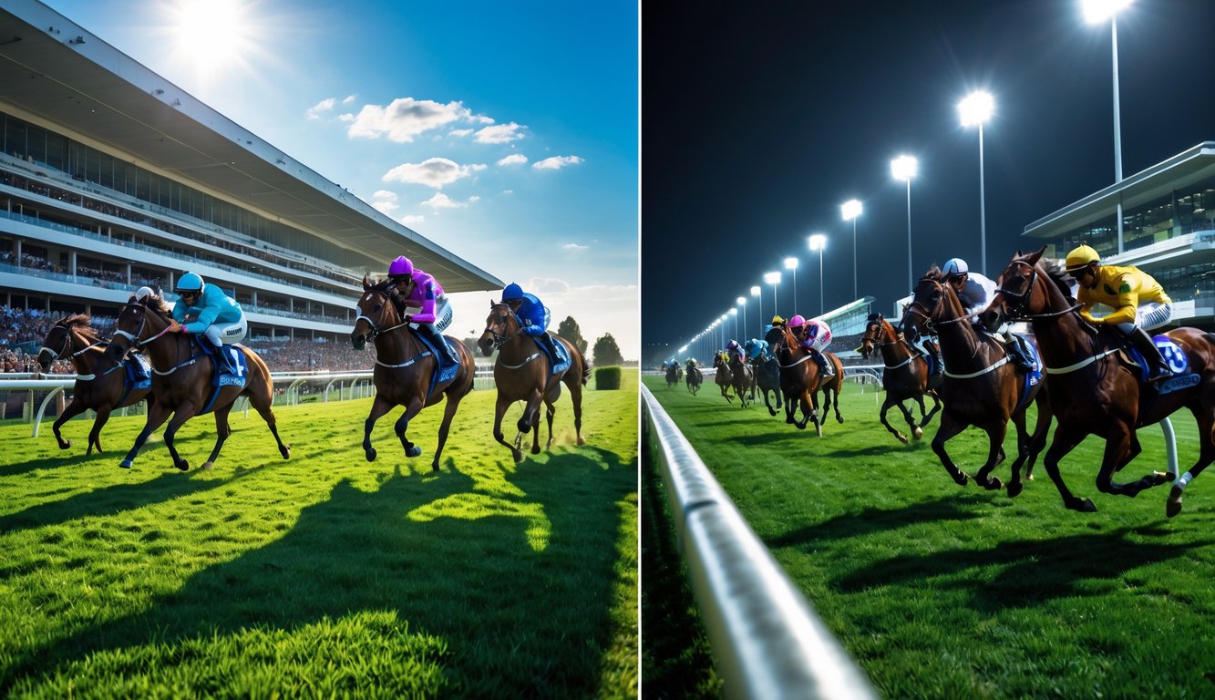 Dua adegan balap kuda berdampingan, satu di siang hari dengan langit cerah dan satu di malam hari dengan lampu sorot yang terang.