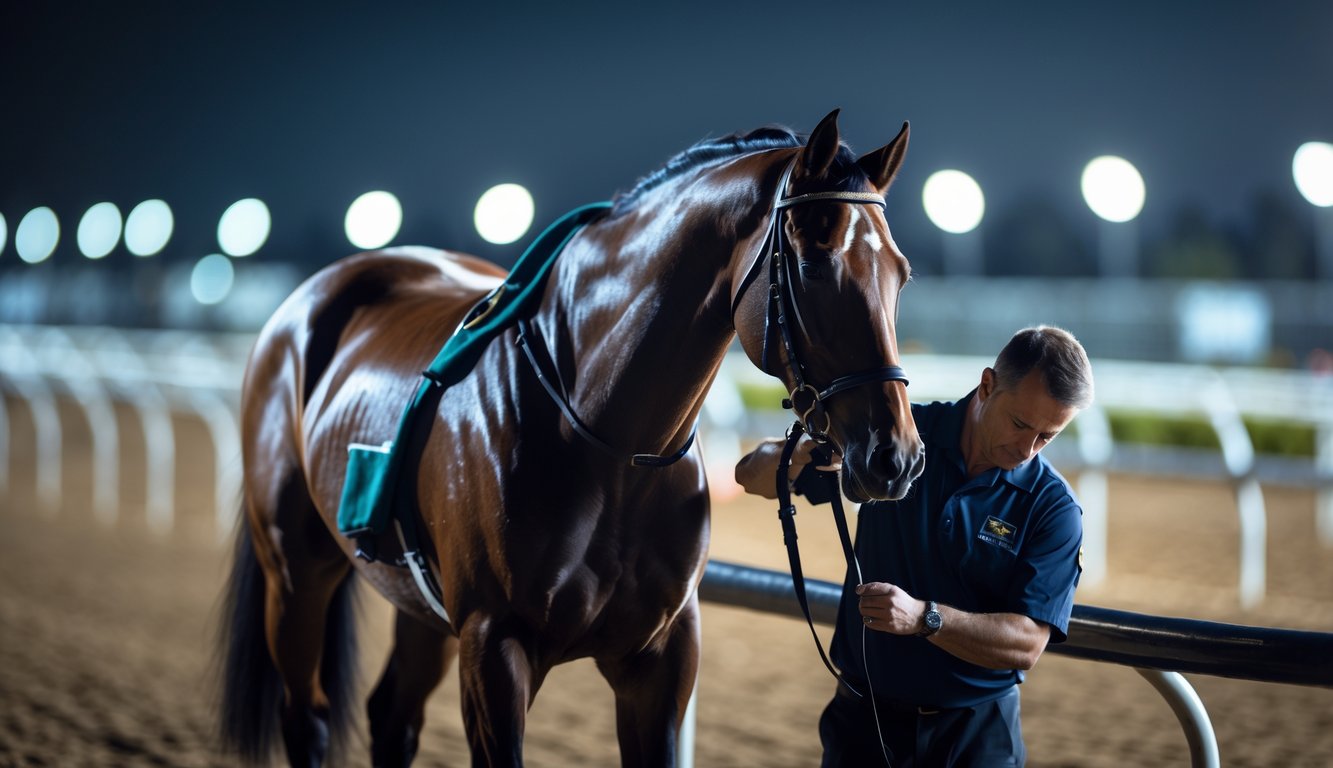Seorang perawat kuda sedang merawat dan menyiapkan kuda untuk balap malam hari dengan latar belakang lintasan balap yang remang.