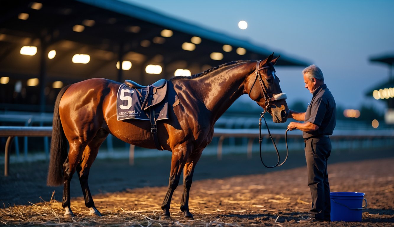 Seorang perawat kuda sedang merawat kuda balap di kandang menjelang balap malam hari dengan latar belakang lampu stadion yang mulai menyala.