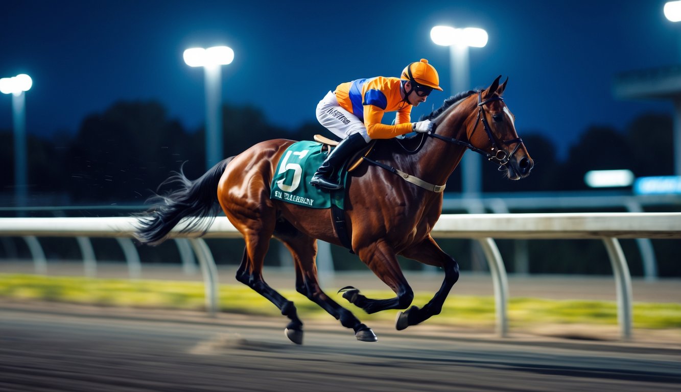 Seorang joki sedang mengendarai kuda dengan kecepatan tinggi di lintasan balap malam hari yang terang benderang.