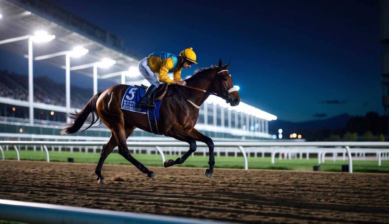 Seekor kuda pacu sedang berlari kencang di lintasan malam hari dengan joki yang fokus mengendalikan kuda tersebut.