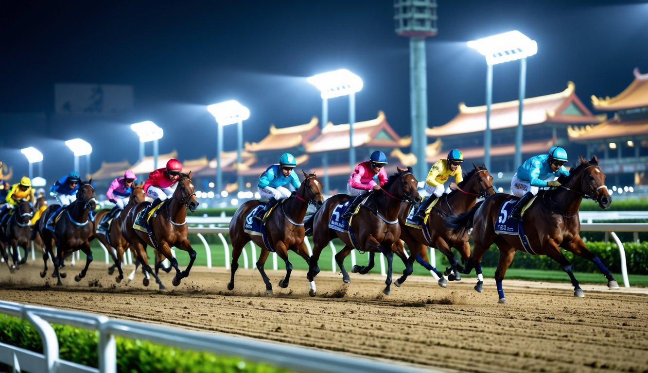 Lomba balap kuda malam hari di lintasan dengan kuda dan joki sedang berlari, dikelilingi penonton yang ramai dan lampu sorot terang.