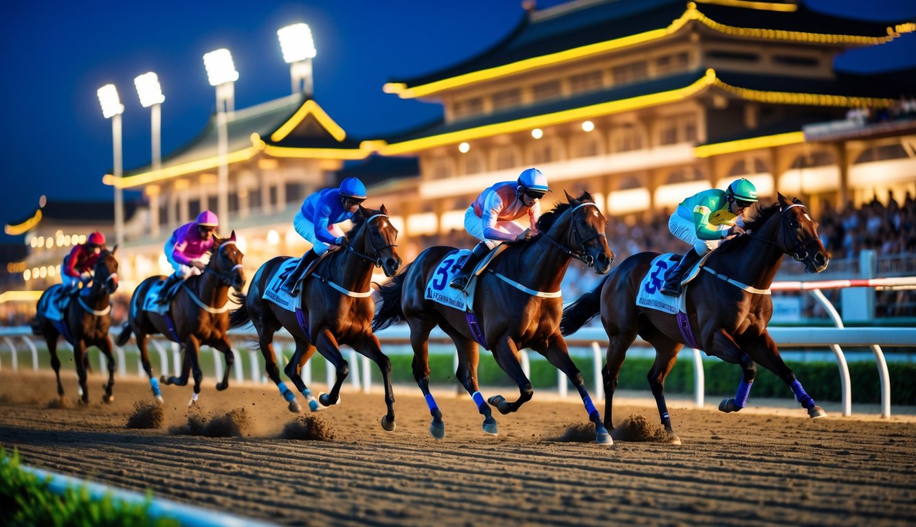 Balapan kuda malam hari di lintasan pacuan dengan kuda dan joki sedang berlari cepat, dikelilingi penonton dan lampu sorot.