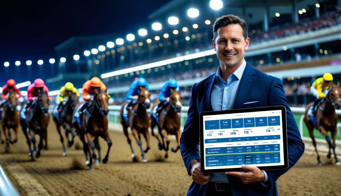 Seorang analis memegang tablet di dekat lintasan pacuan kuda yang terang benderang saat kuda-kuda balap berlari cepat di malam hari dengan penonton di tribun.