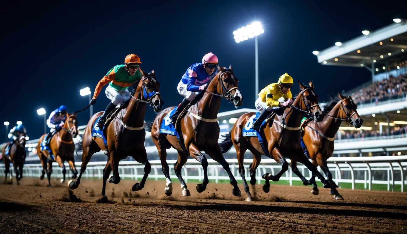 Balapan kuda malam hari dengan beberapa kuda dan joki yang sedang berlari di lintasan yang diterangi lampu, di depan tribun penonton yang ramai.