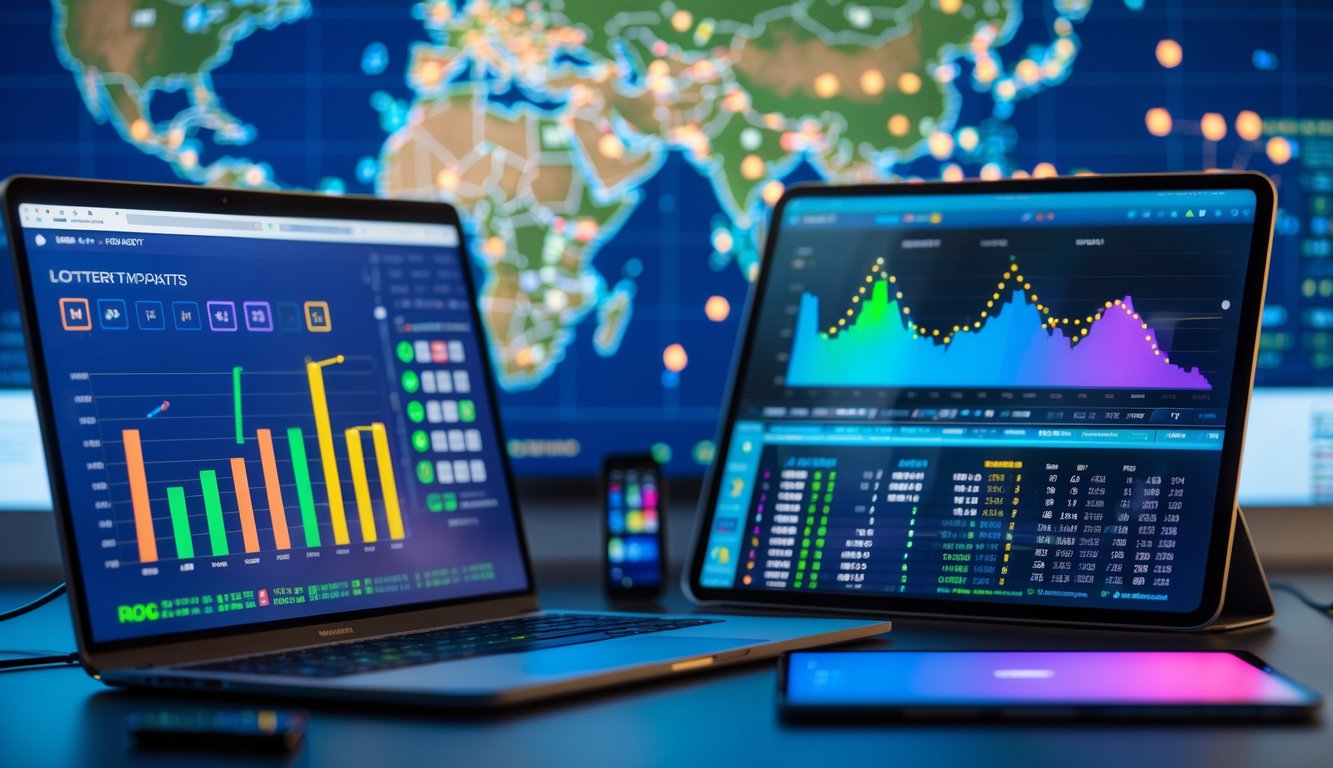 Meja kerja dengan laptop dan tablet yang menampilkan grafik dan data angka, di latar belakang peta dunia yang menyoroti negara-negara Asia.