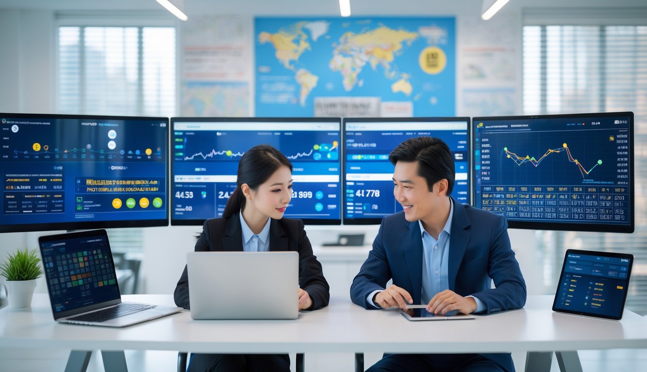 Dua orang Asia sedang menganalisis data pola keluaran togel di sebuah kantor modern.