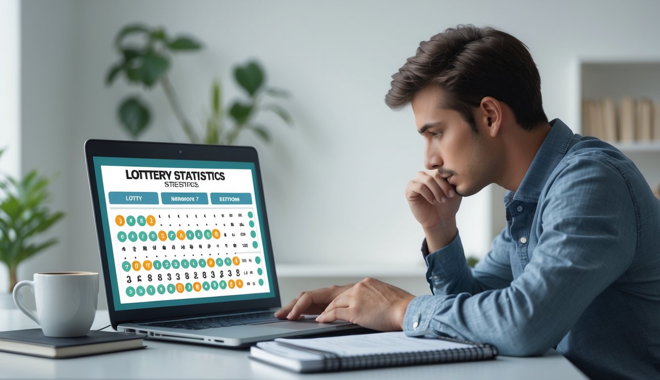 Seorang pria muda duduk di meja dengan laptop, membaca dan menganalisis statistik togel secara fokus dalam ruangan yang rapi dan tenang.