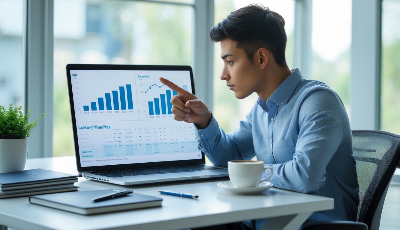 Seorang dewasa muda duduk di meja kerja dengan laptop, menganalisis grafik statistik dalam ruangan kantor yang terang.